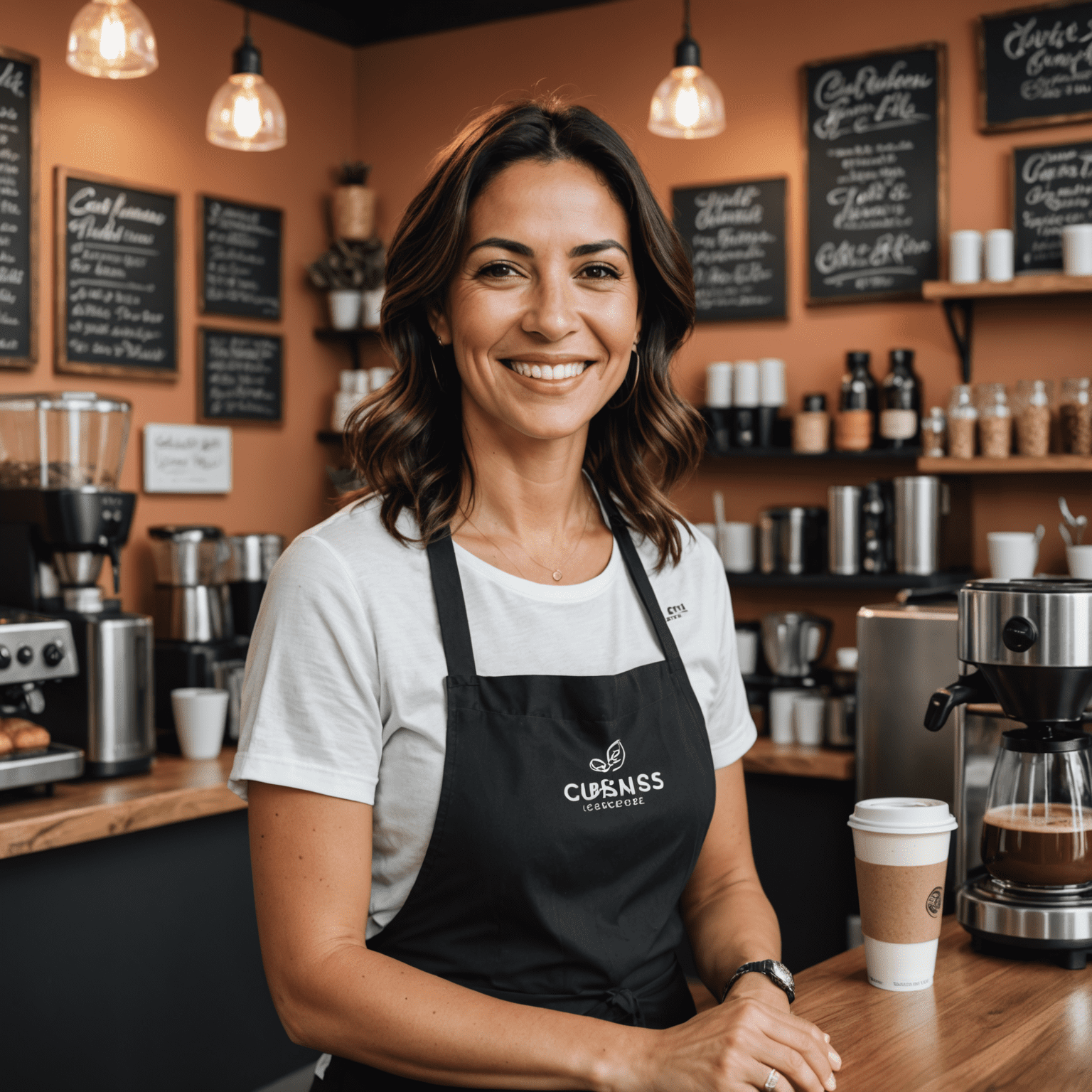 Imagen de María Rodríguez, dueña de una pequeña cafetería, sonriendo frente a su negocio