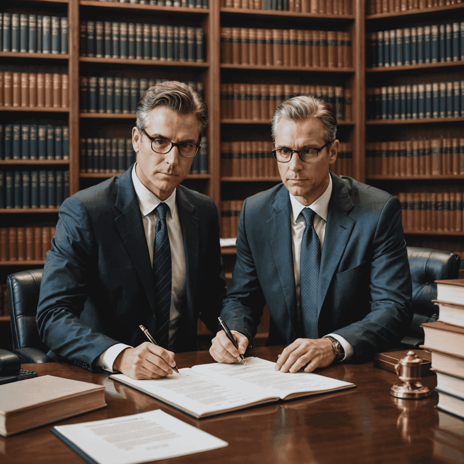 Imagen de un abogado asesorando a un empresario en una oficina moderna, rodeados de libros de leyes y documentos legales