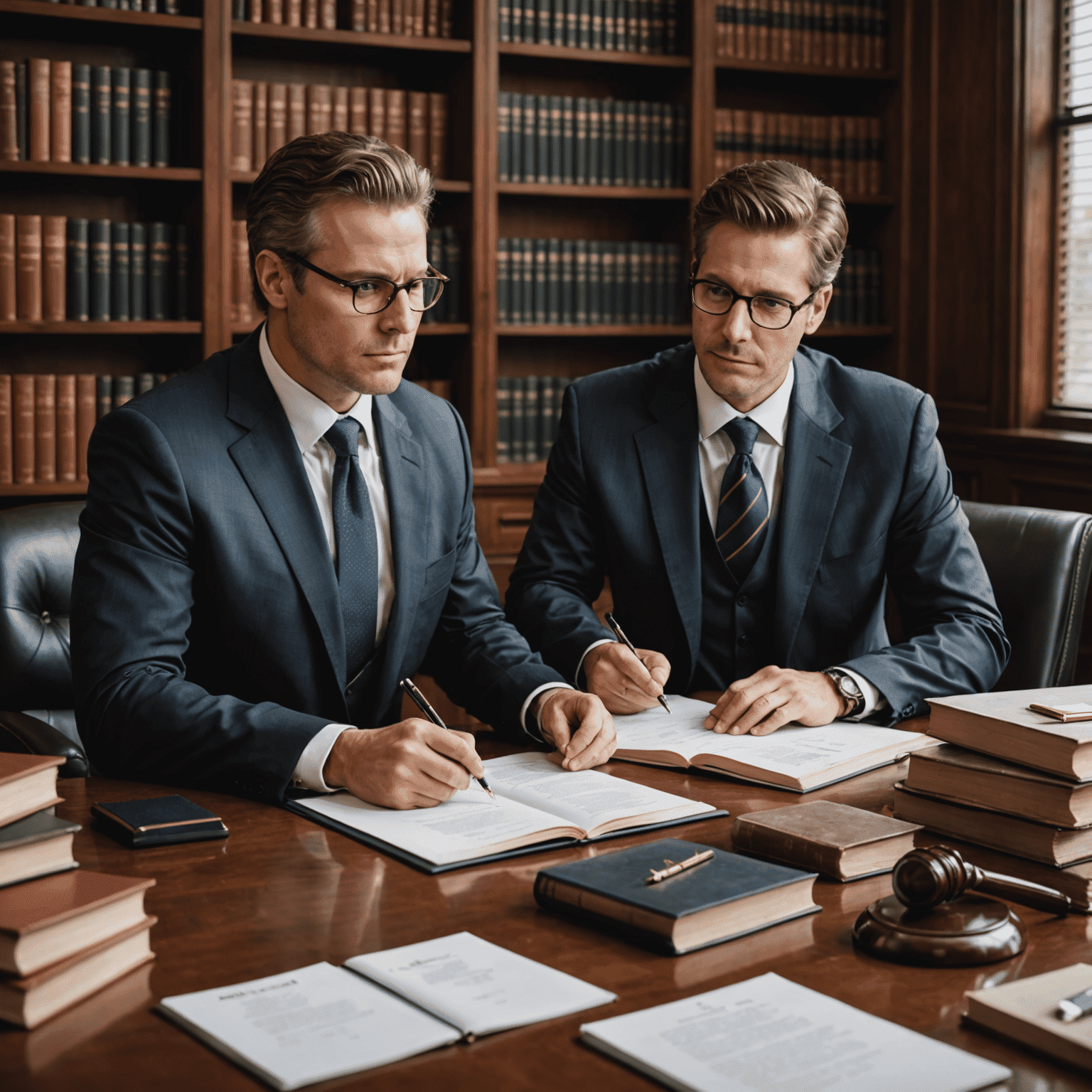 Abogado profesional asesorando a un empresario en su oficina, rodeado de libros de leyes y documentos legales