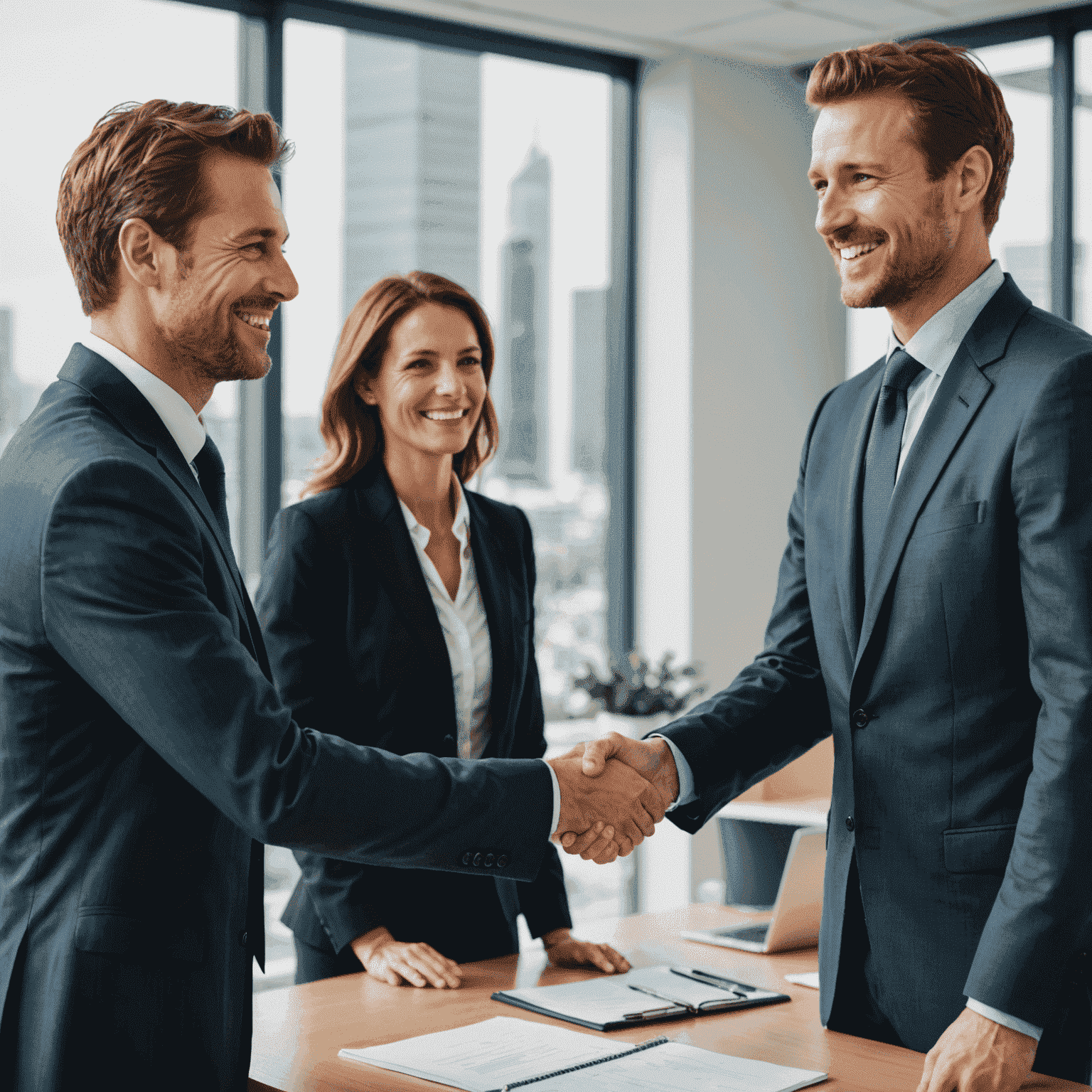 Imagen de dos empresarios estrechando las manos después de una sesión de mediación exitosa, con un mediador sonriente en el fondo