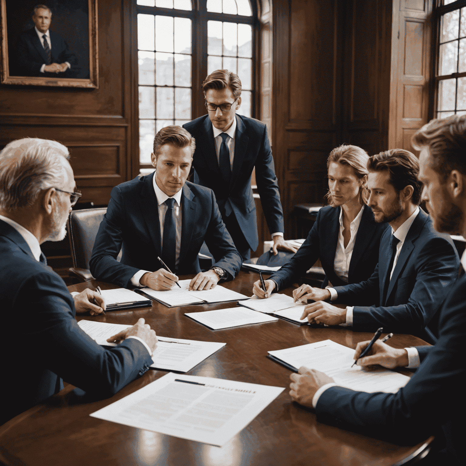 Equipo de abogados y emprendedores revisando documentos legales en una mesa de conferencias