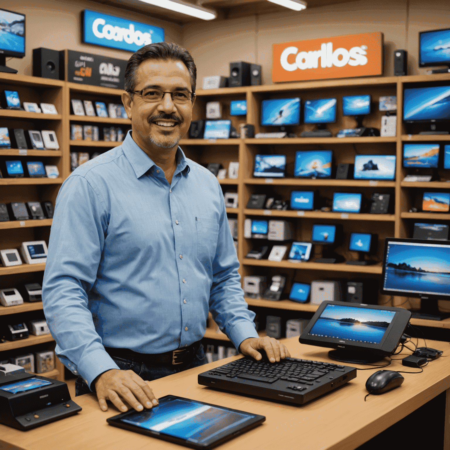 Imagen de Carlos Méndez, propietario de una tienda de electrónica, mostrando sus productos
