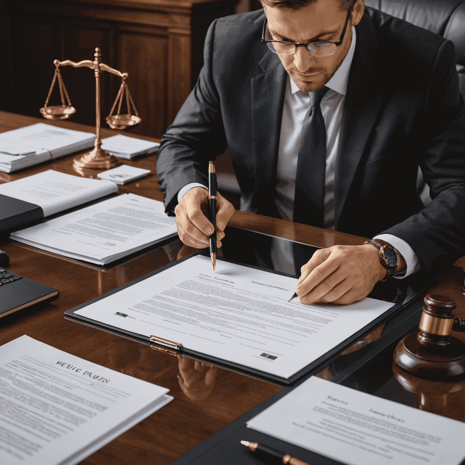 Imagen de un profesional legal revisando minuciosamente un contrato con una lupa, rodeado de otros documentos legales y un ordenador portátil