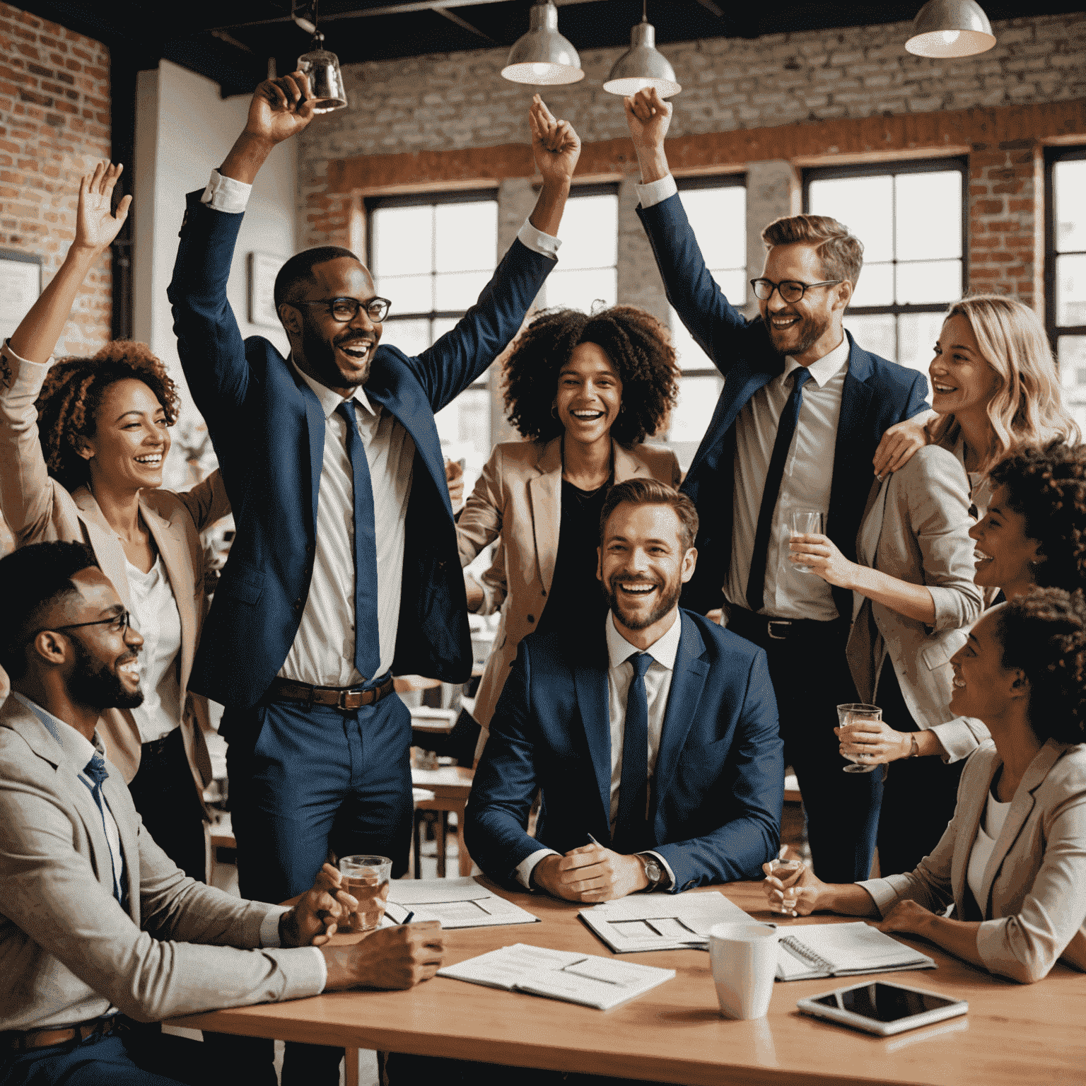 Grupo diverso de empleados celebrando con su jefa emprendedora después de una victoria legal en temas laborales