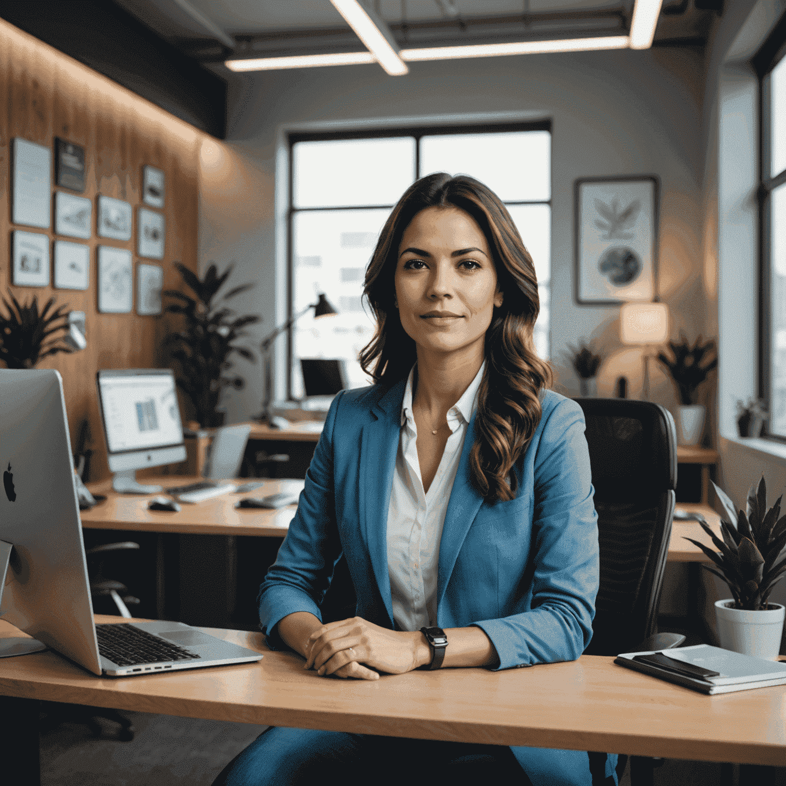 Imagen de Ana Gómez, fundadora de una startup de tecnología, en su oficina moderna