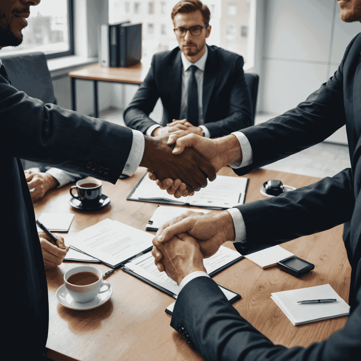 Imagen de dos personas estrechando las manos con un mediador en el centro, simbolizando la resolución exitosa de un conflicto empresarial