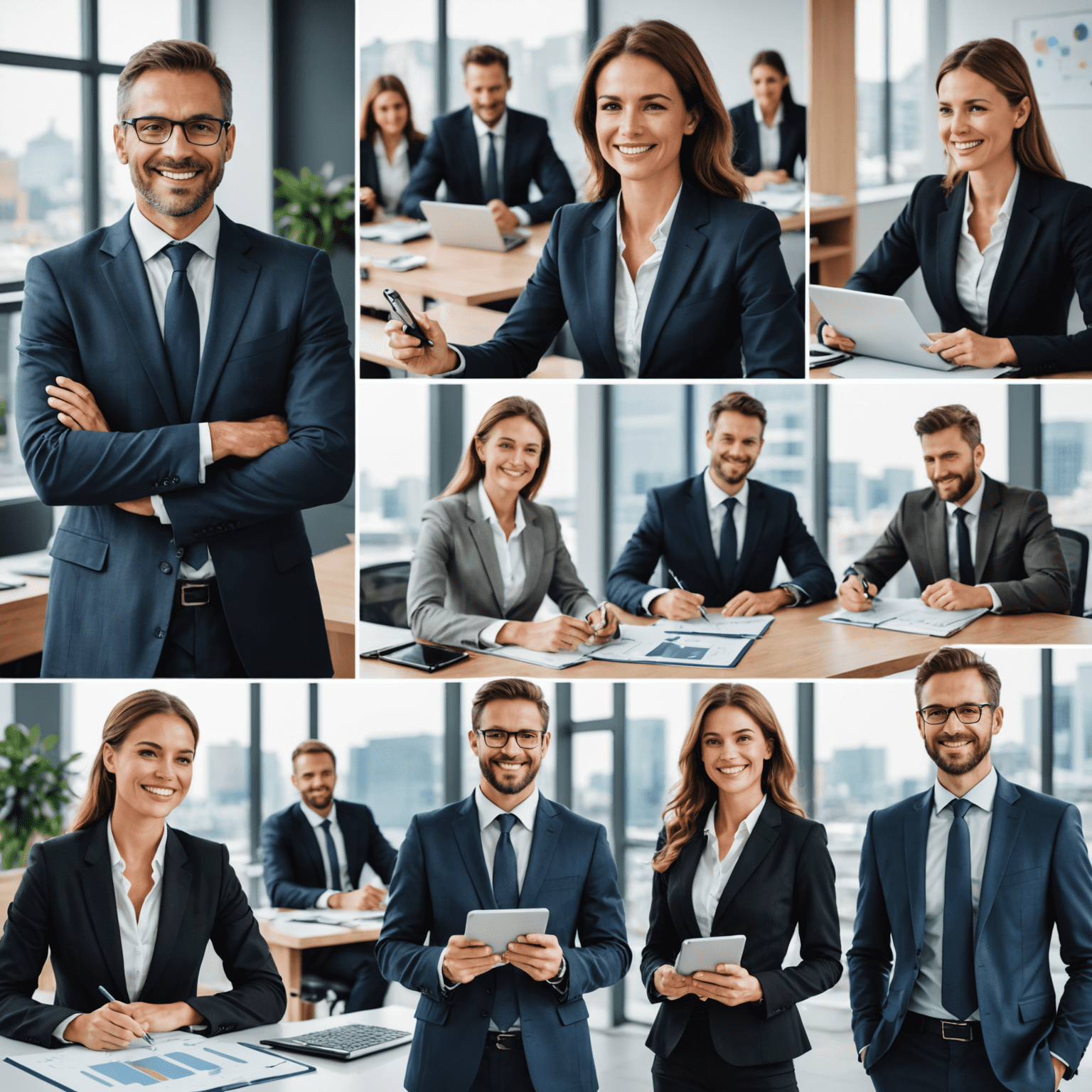 Collage de empresarios satisfechos usando los servicios de Motryza