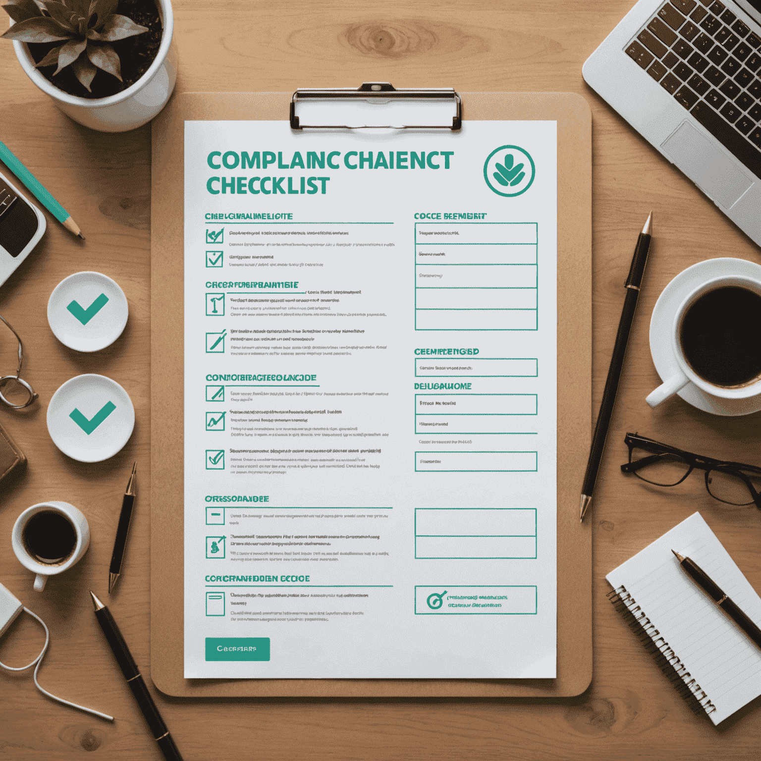 Imagen de una lista de verificación de cumplimiento con marcas de verificación, junto a iconos que representan diferentes industrias y regulaciones
